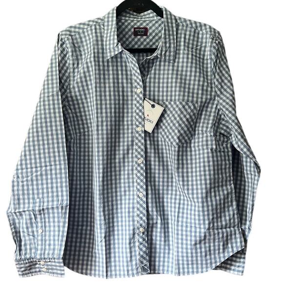 NWT Untuckit Women's Gingham Plaid Button Crispo Shirt Long Sleeve Blue Size 14 - Picture 1 of 12